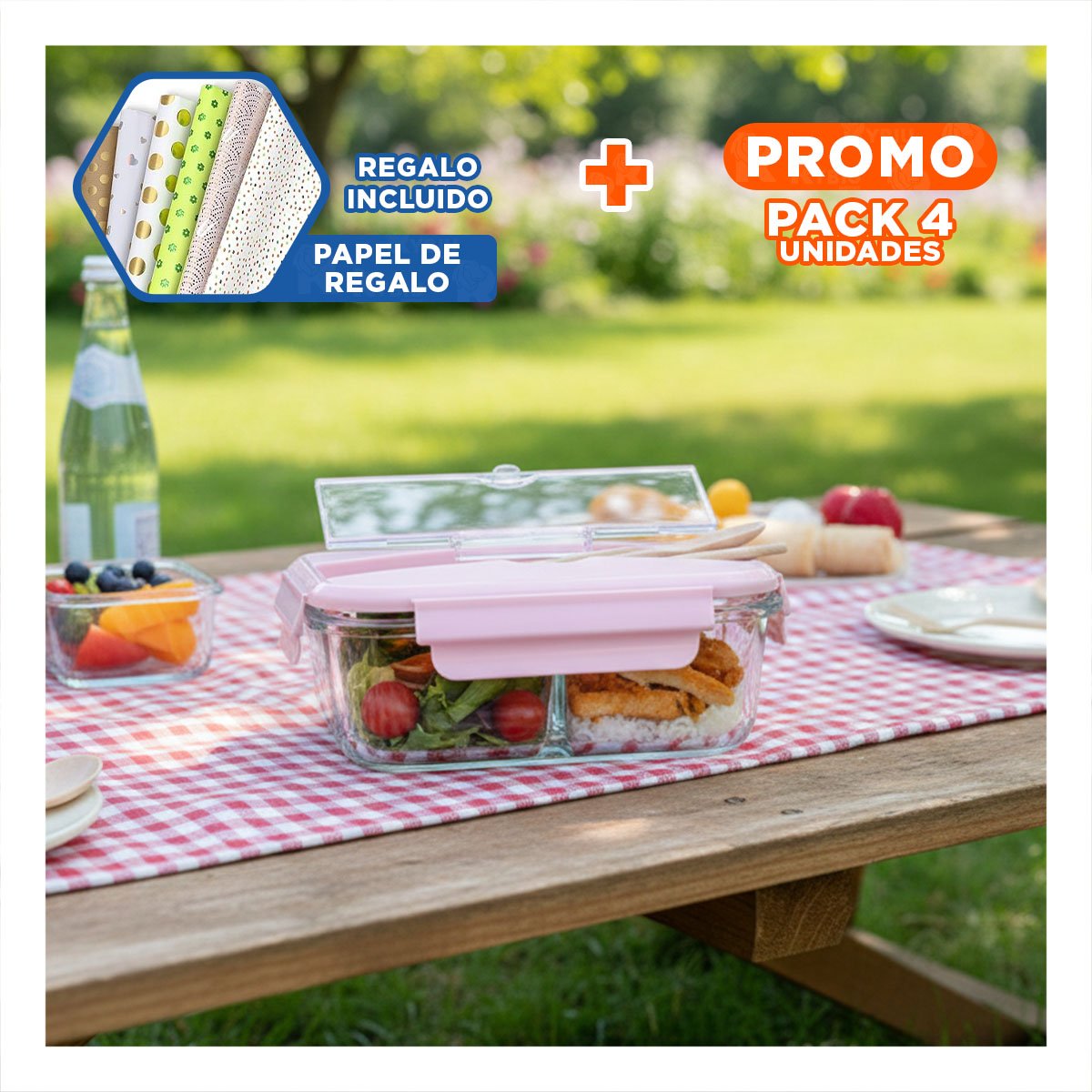 PACK4 ENVASE COMPACTO DE VIDRIO CON 2 DIVISIONES, CUBIERTOS Y TAPA ROSADO Y+PAPEL REGALO - 1