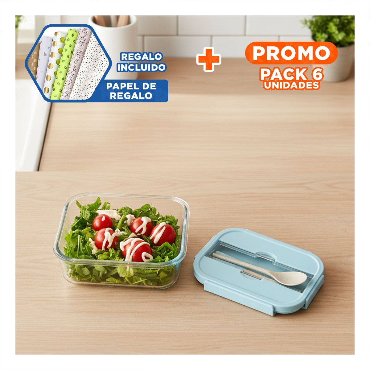 PACK6 CONSERVADOR DE COMIDAS CASERAS CON SET INTEGRADO CELESTE Y+PAPEL REGALO - 1