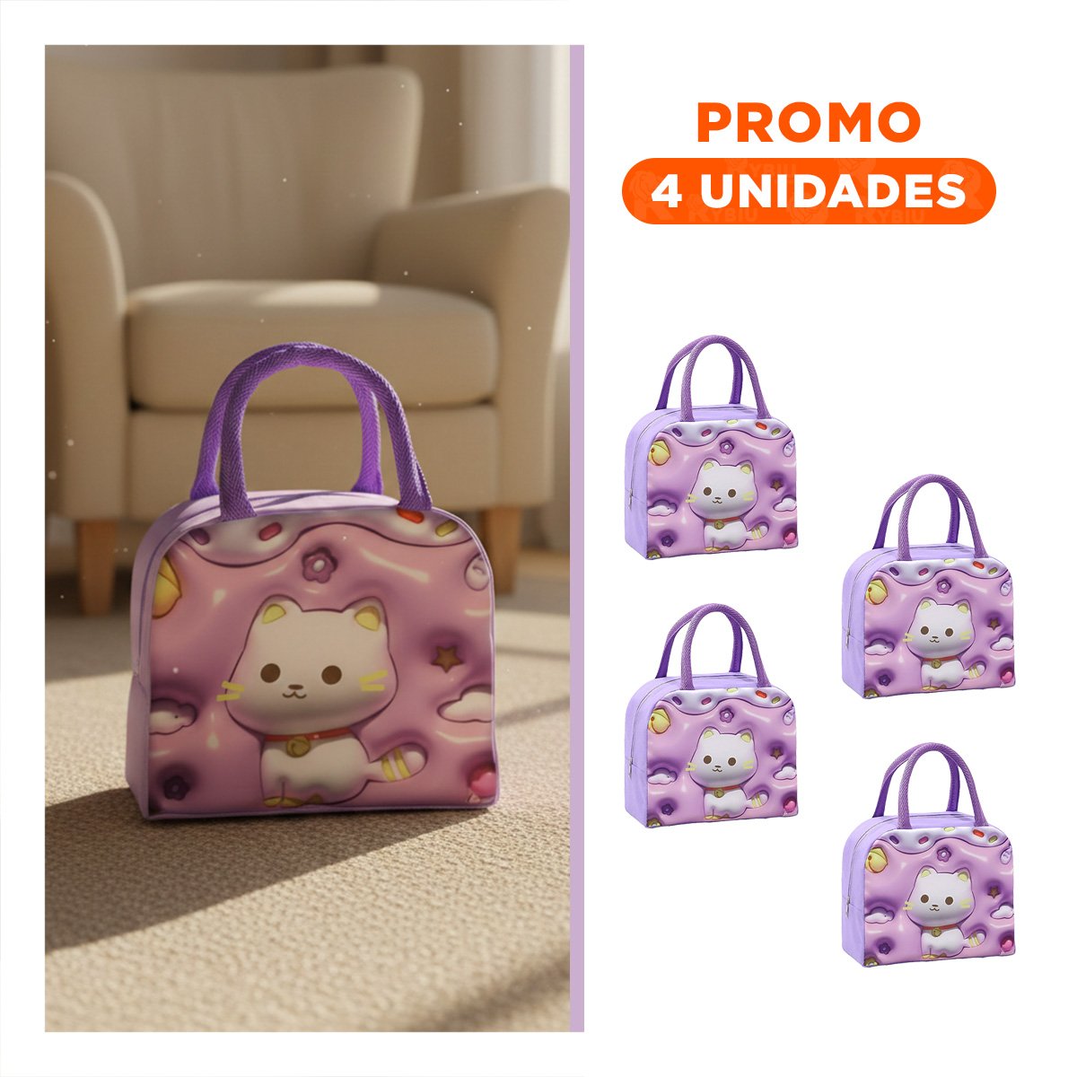 PACK4 CONTENEDOR DE COMIDA KAWAII GATO DE GRAN ESTILO LILA Y+REGALO STICKER - 1