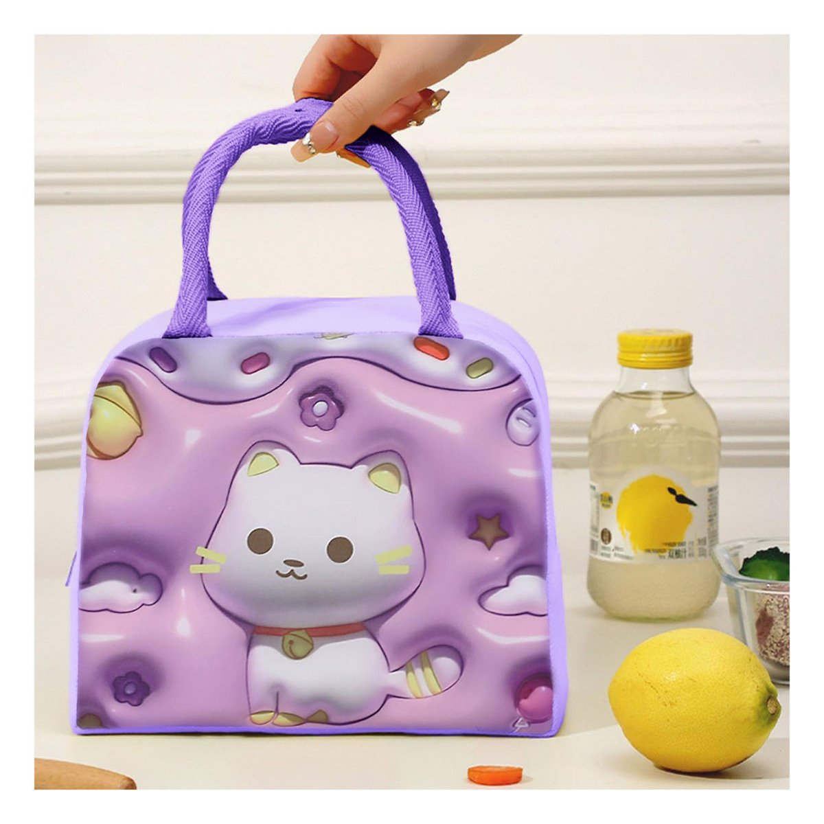 PACK4 CONTENEDOR DE COMIDA KAWAII GATO DE GRAN ESTILO LILA Y+REGALO STICKER - 5
