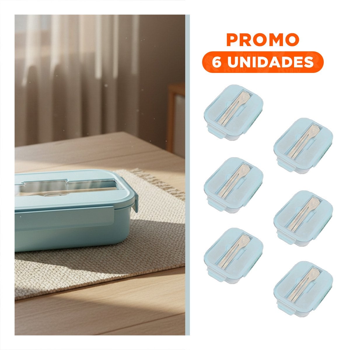 PACK6 CONSERVADOR PORTATIL CON CUBIERTOS PARA ALMUERZO DIARIO CELESTE - 1