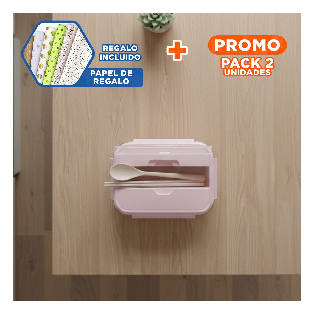 PACK2 CONSERVADOR PORTA ALMUERZO CON SET PERSONAL ROSADO Y+PAPEL REGALO - 1