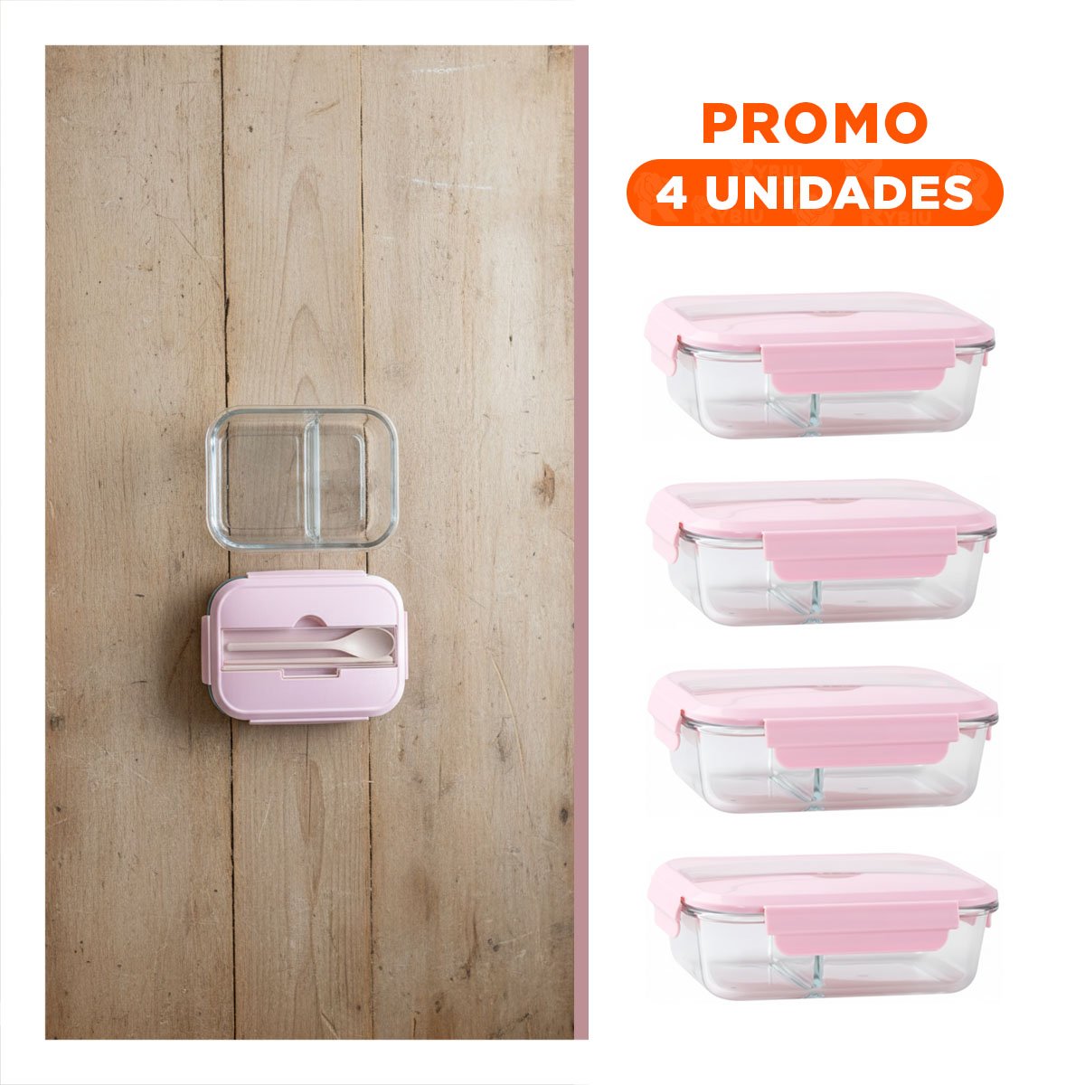 PACK4 UNIDAD DE VIDRIO CON 2 DIVISIONES Y TAPA ROSADO PARA LLEVAR ALMUERZO Y+REGALO STICKER - 1
