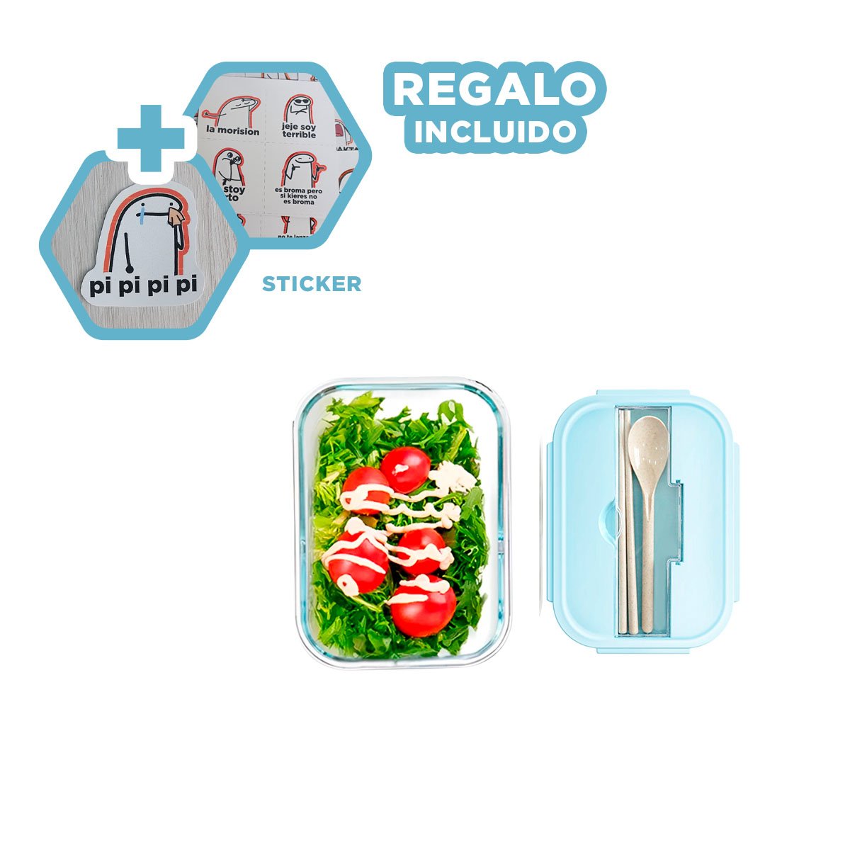 ENVASE DE VIDRIO PARA ALMUERZO EN TRABAJO O ESCUELA CELESTE Y+REGALO STICKER - 1