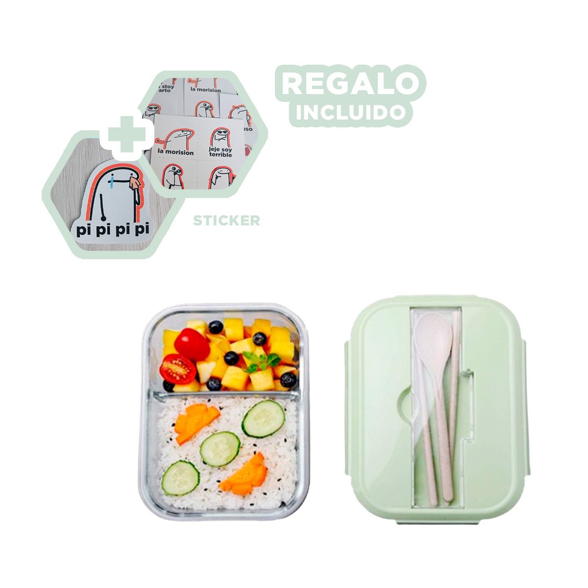 ENVASE DE VIDRIO PARA TRANSPORTAR SNACKS Y COMIDAS VERDE Y+REGALO STICKER - 1