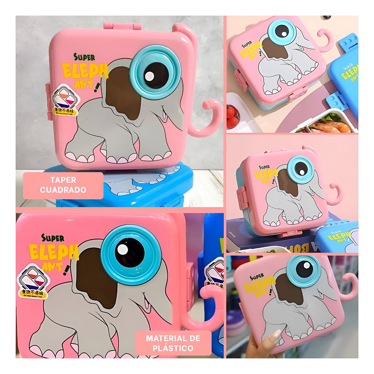 CONTENEDOR CUADRADO ELEFANTE PARA LONCHERA INFANTIL Y PICNIC ROSADO 1600ML Y+LIGAS REGALO - 5