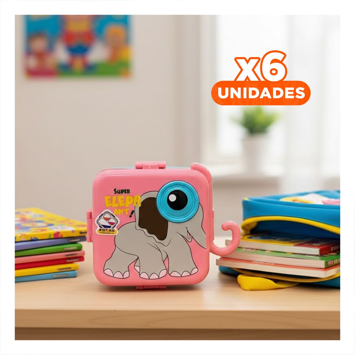 PACK6 ALMACENADOR CUADRADO ELEFANTE PARA PICNIC INFANTIL ROSADO 1600ML Y+REGALO STICKER - 1