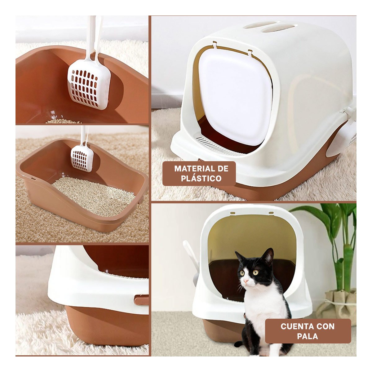 CONTENEDOR HIGIENICO CERRADO CON PALA PARA GATO MARRON PARA HOGAR ORDENADO - 5