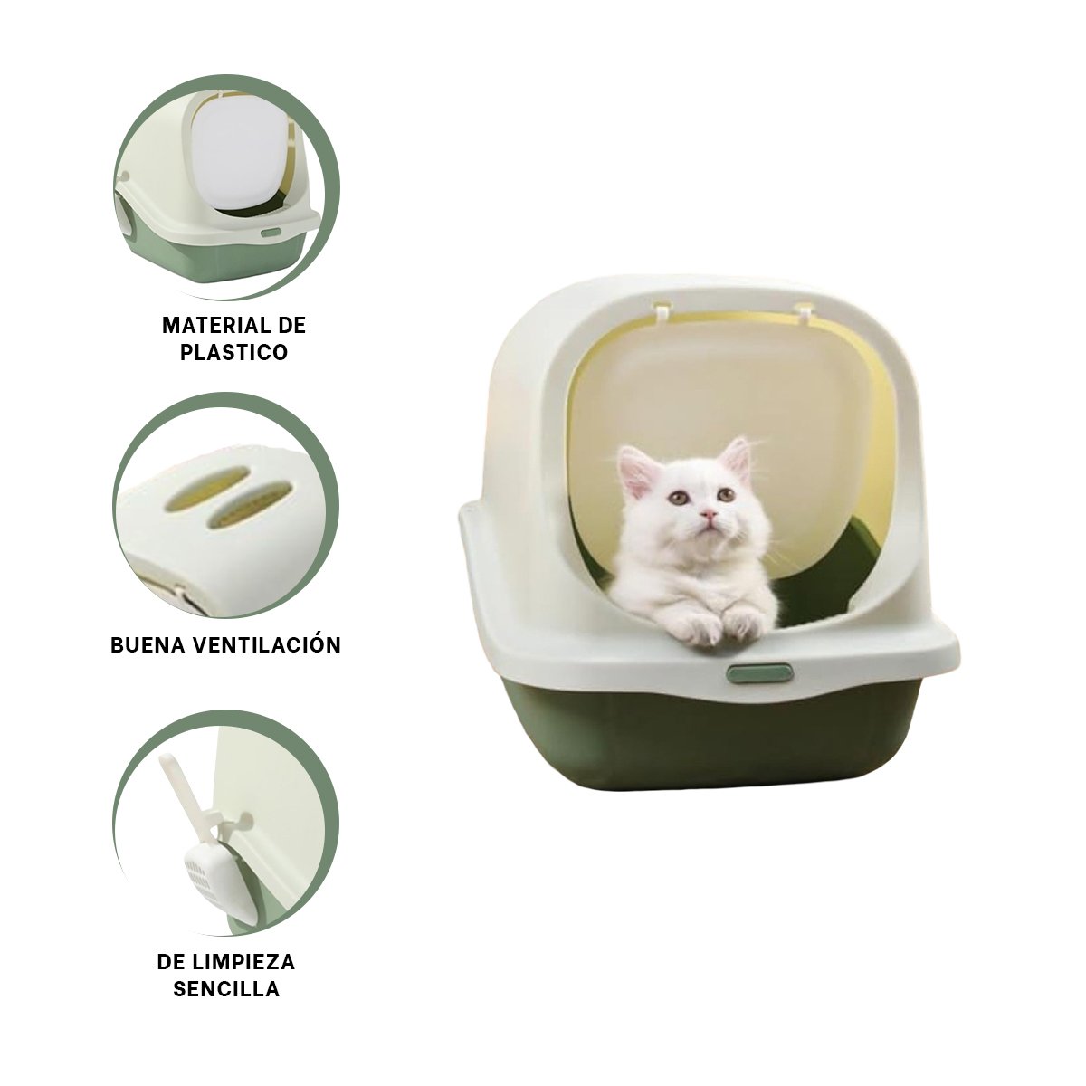 CONTENEDOR HIGIENICO CERRADO CON PALA PARA GATO VERDE PARA HOGAR ORDENADO - 3