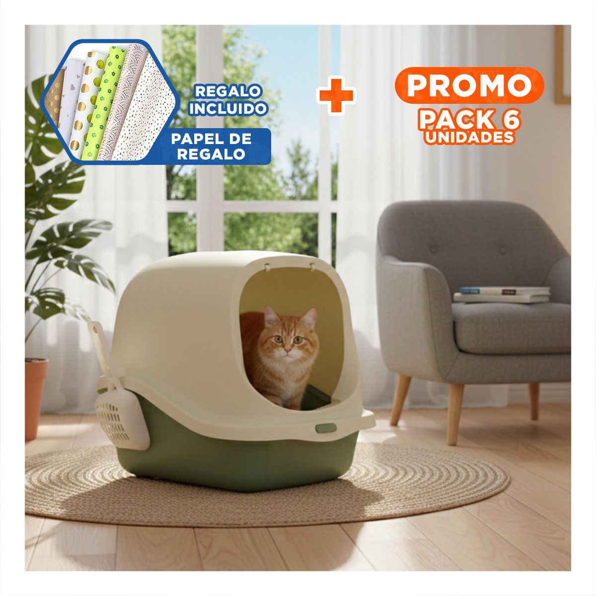 PACK6 AREA CUBIERTA CON PALA PARA GATO VERDE FACIL LIMPIEZA DIARIA Y+PAPEL REGALO - 1