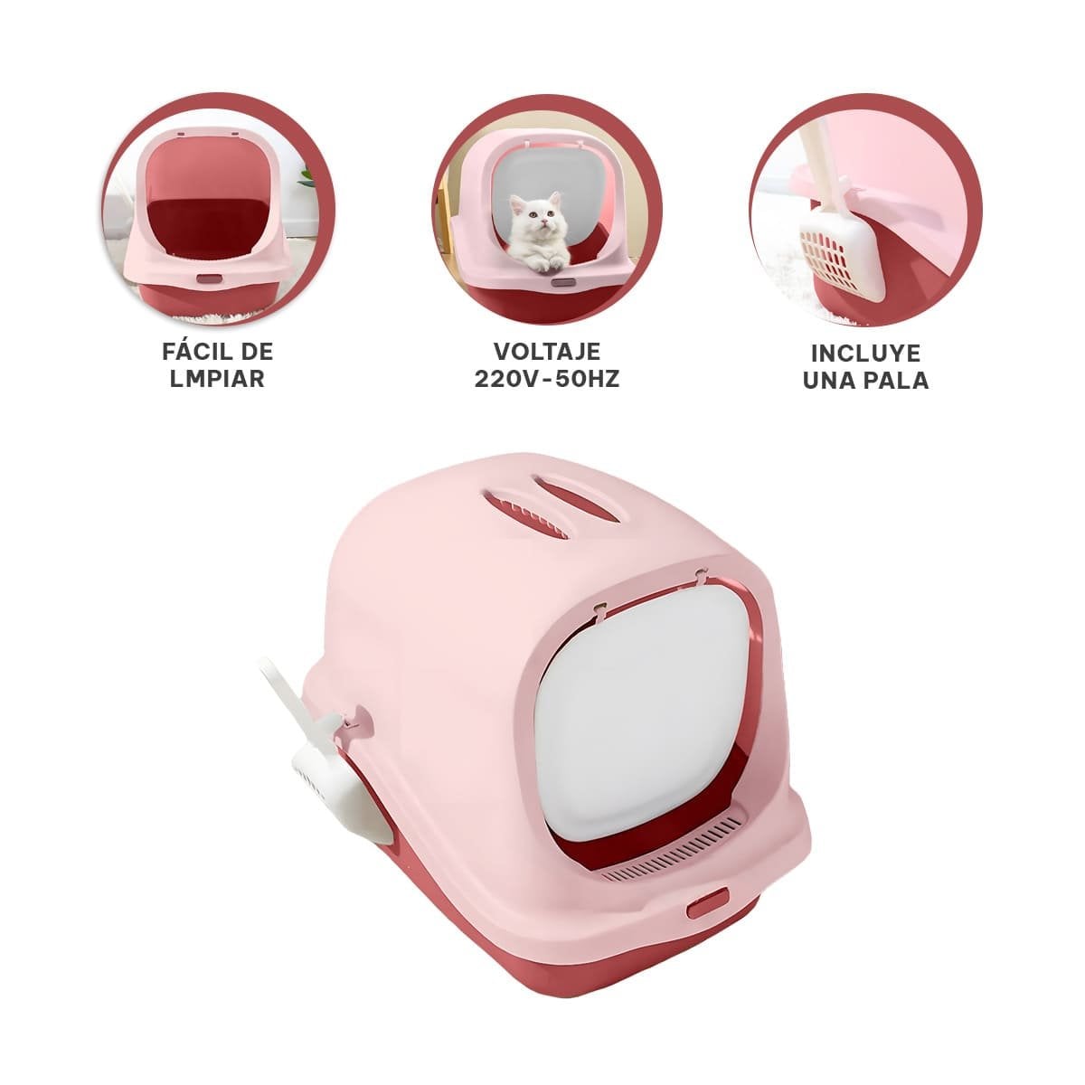 CONTENEDOR HIGIENICO CERRADO CON PALA PARA GATO ROSADO HOGAR ORDENADO - 3