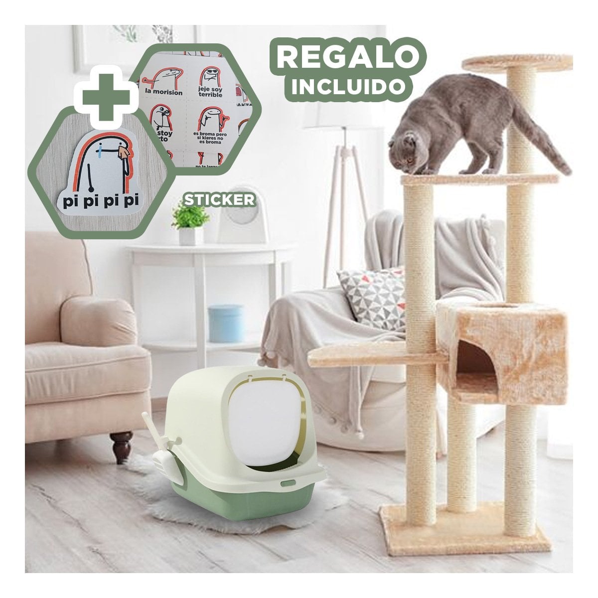 ESPACIO DE ARENA CERRADO CON PALA PARA GATO VERDE EN CASA COMODO Y+REGALO STICKER - 1