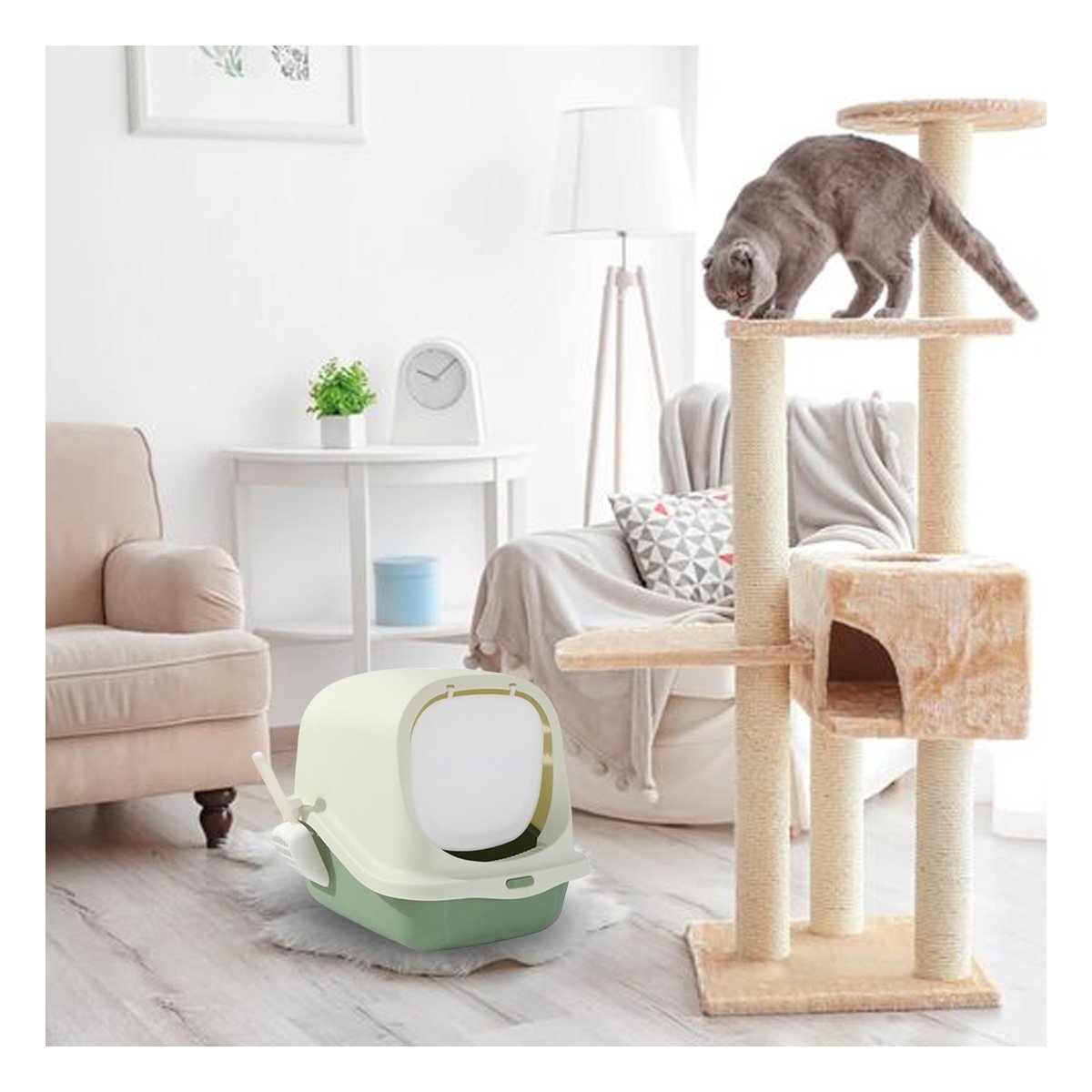 ESPACIO DE ARENA CERRADO CON PALA PARA GATO VERDE EN CASA COMODO Y+REGALO STICKER - 2