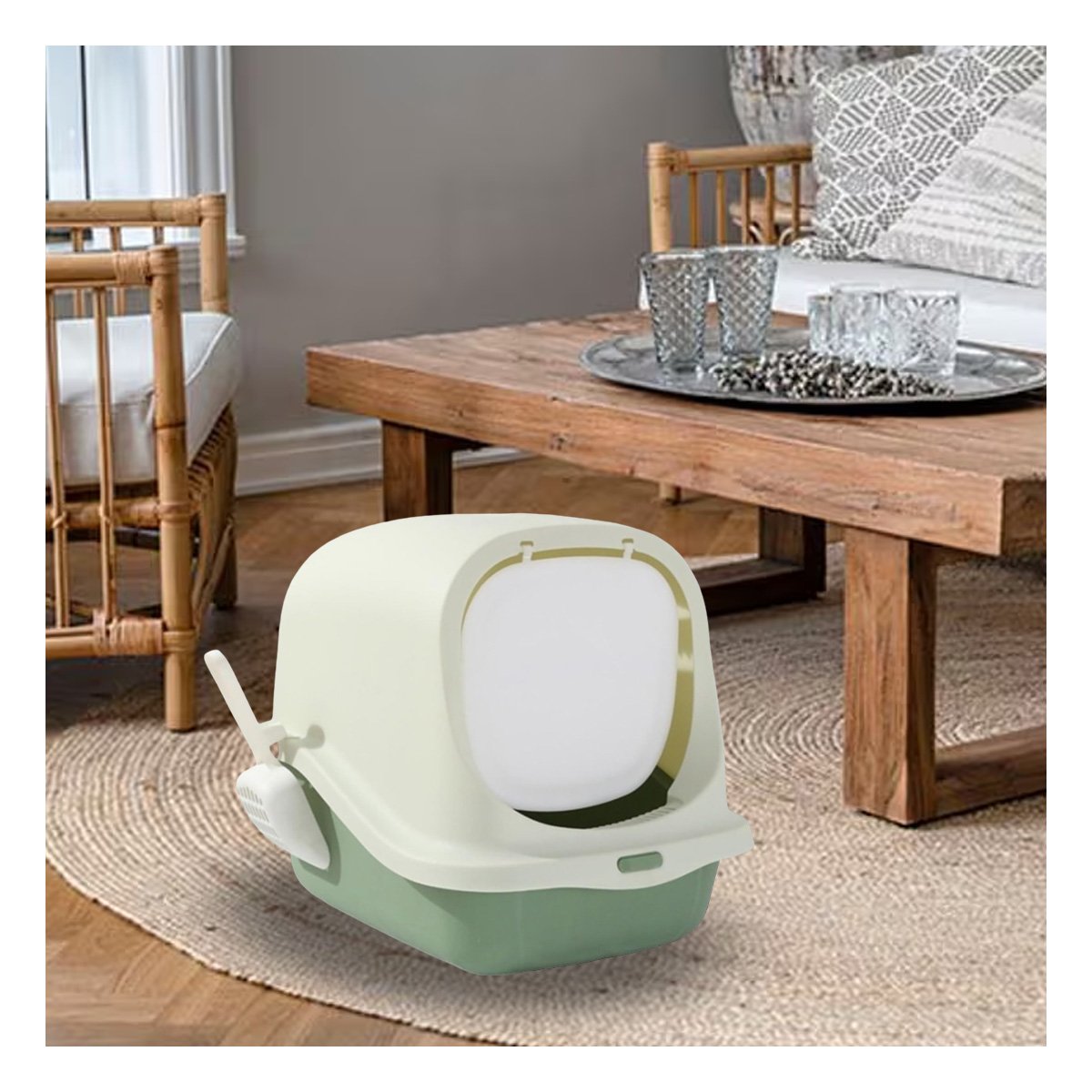 ESPACIO DE ARENA CERRADO CON PALA PARA GATO VERDE EN CASA COMODO Y+REGALO STICKER - 5