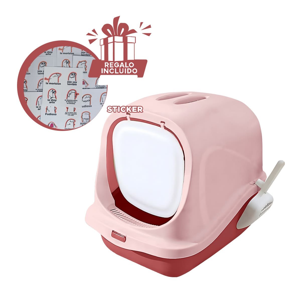 ESPACIO DE ARENA CERRADO CON PALA PARA GATO ROSADO EN CASA COMODO Y+REGALO STICKER - 1