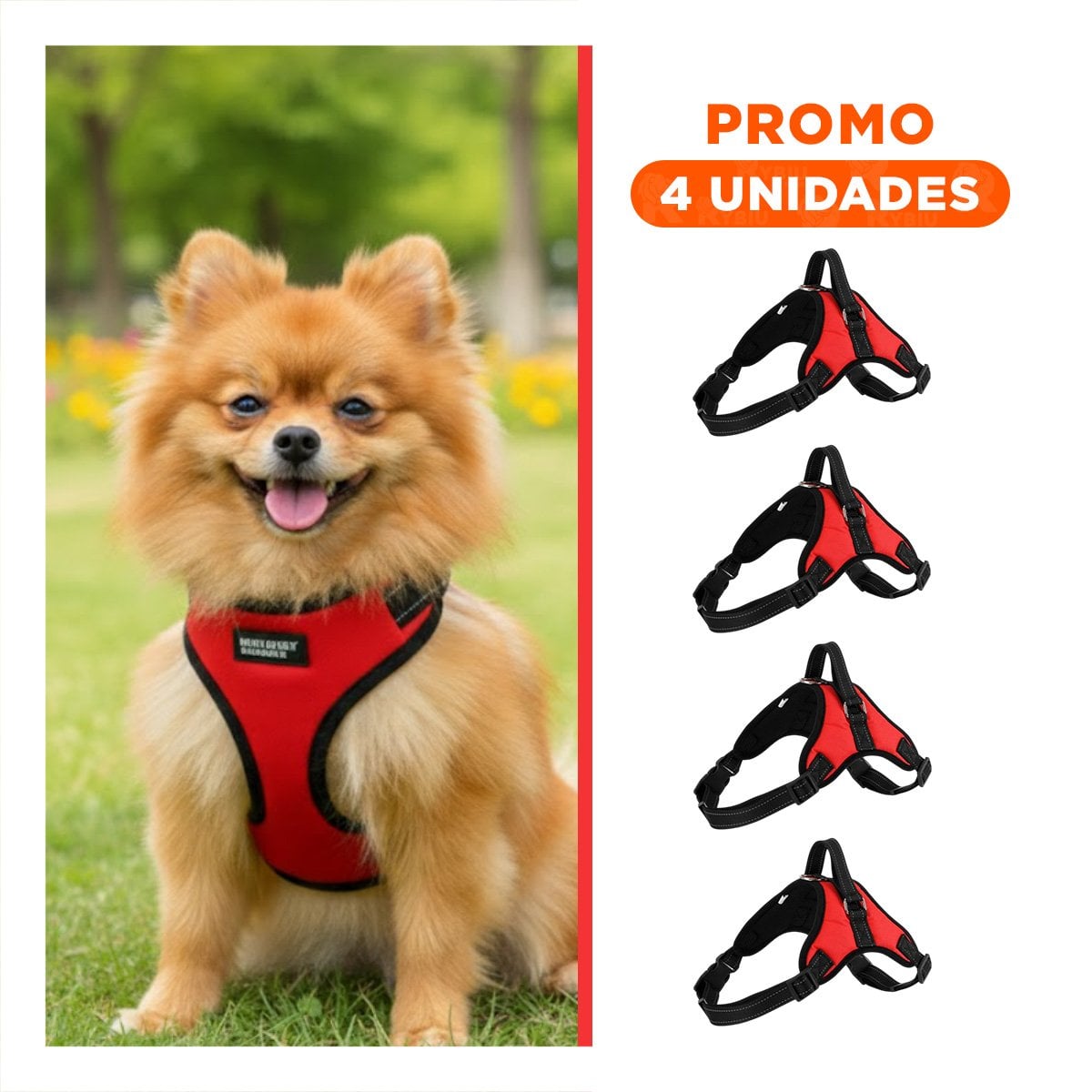 PACK4 PECHERA CONFORTABLE EN H PARA MASCOTA TALLA M AJUSTABLE ROJO Y+REGALO STICKER - 1