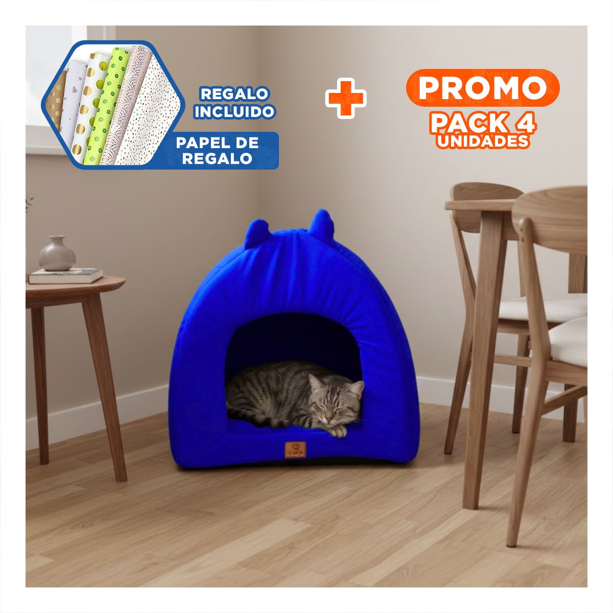 PACK4 CAMA DECORATIVA TIPO IGLU PARA GATO TALLA L AZUL ELECTRICO Y+PAPEL REGALO - 1