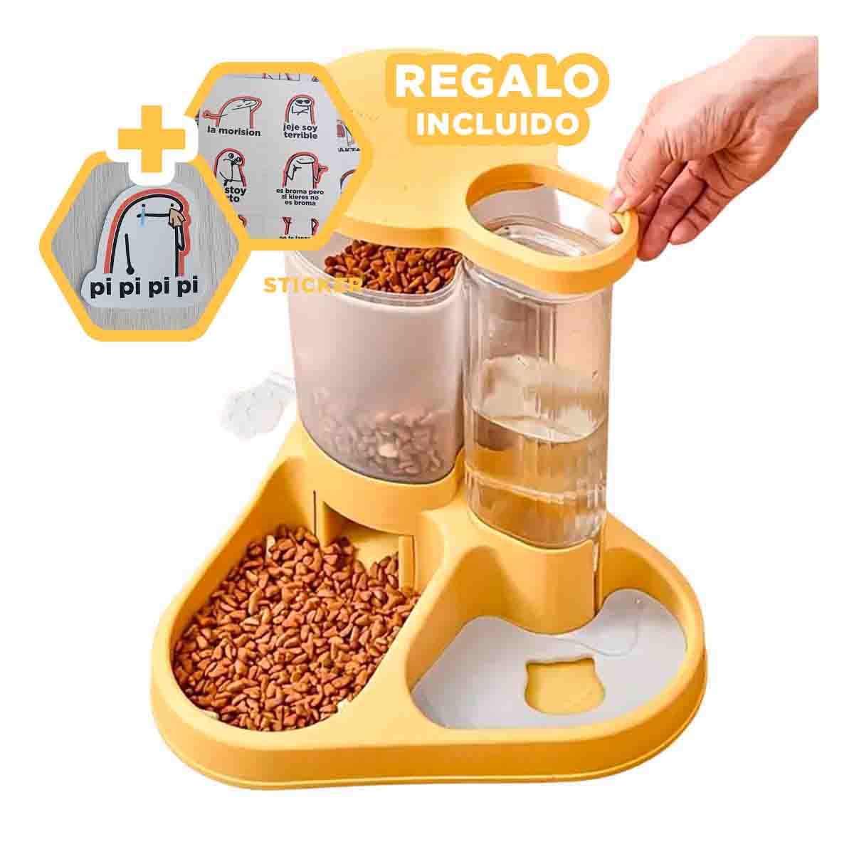 CENTRO DE COMIDA Y AGUA PARA MASCOTA CON LLAVE AMARILLO ANTIDESLIZANTE Y+REGALO STICKER - 1