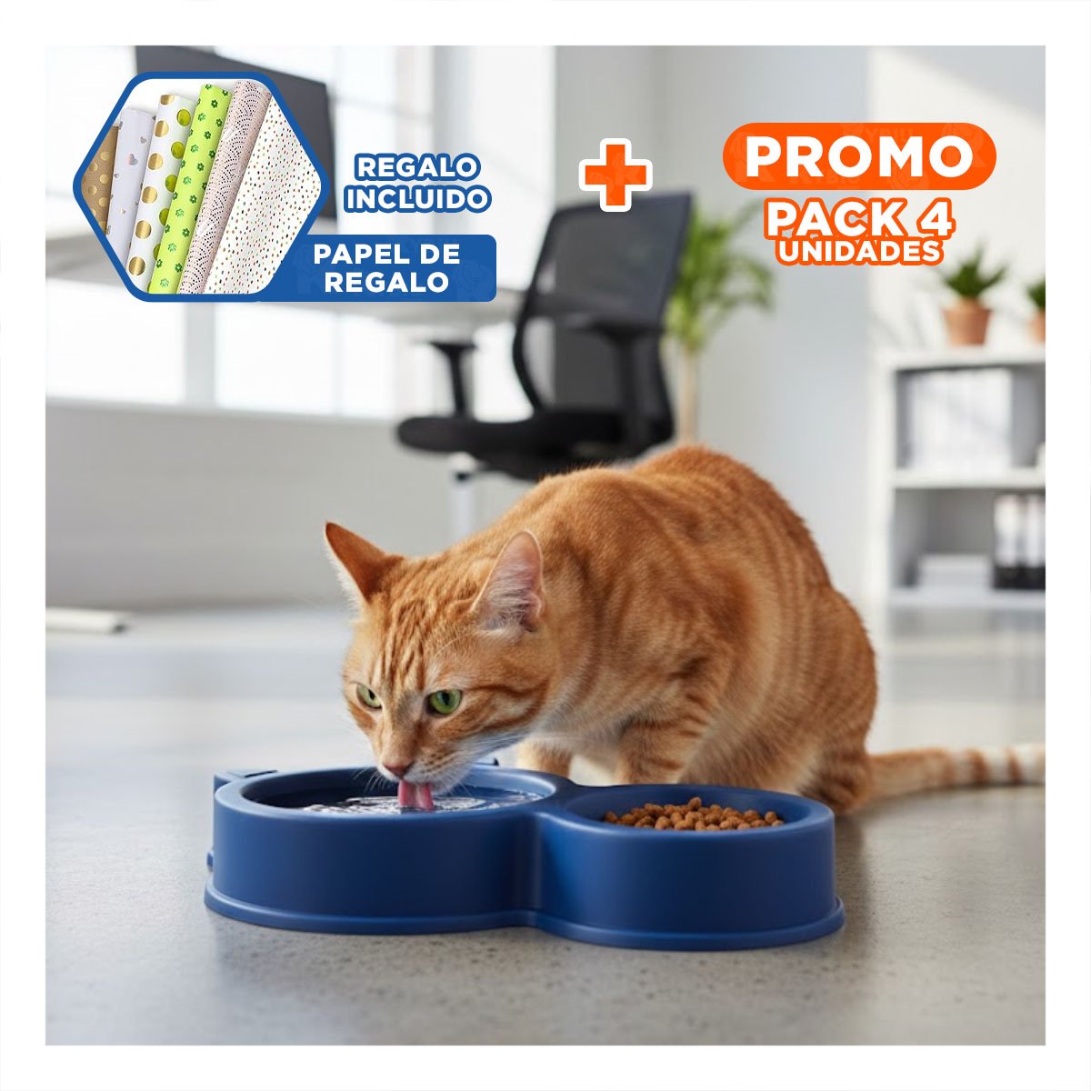 PACK4 PORTA COMIDA DOBLE CON OREJAS DE GATO PARA MASCOTA AZUL MARINO Y+PAPEL REGALO - 1