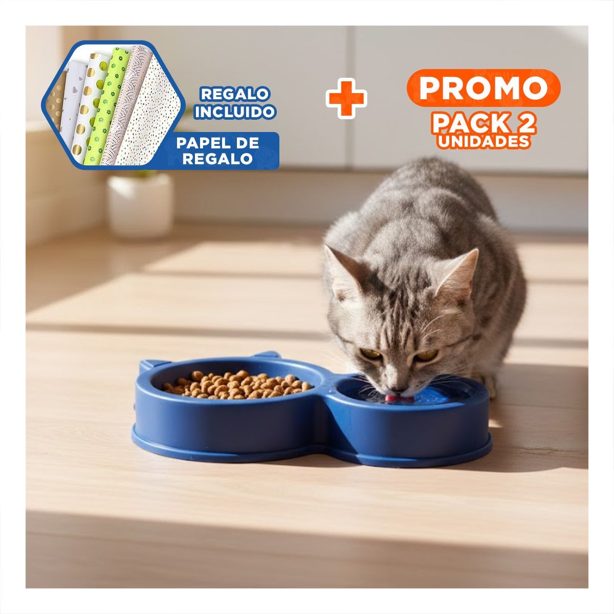 PACK2 BANDEJA MASCOTA DOBLE CON OREJAS DE GATO AZUL MARINO ESTABLE Y+PAPEL REGALO - 1