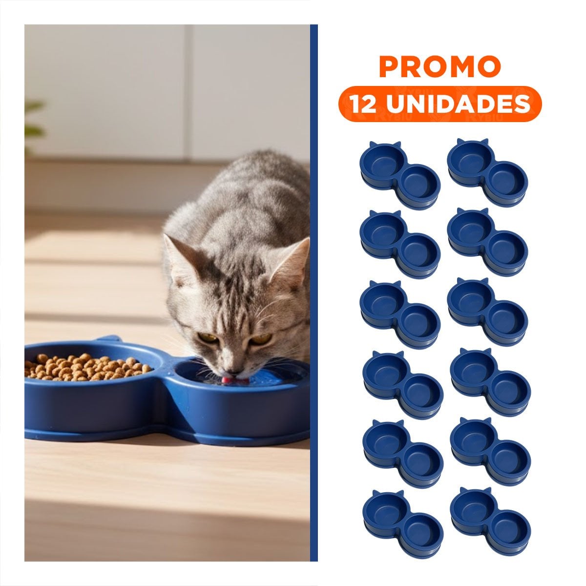 PACK12 CONTENEDOR MASCOTA DOBLE CON OREJAS DE GATO AZUL MARINO PRACTICO Y+REGALO STICKER - 1