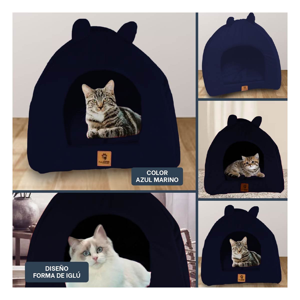 PACK4 GUARIDA TIPO IGLU PARA MASCOTA TALLA L ESTAMPADO GATITOS AZUL MARINO Y+REGALO STICKER - 2