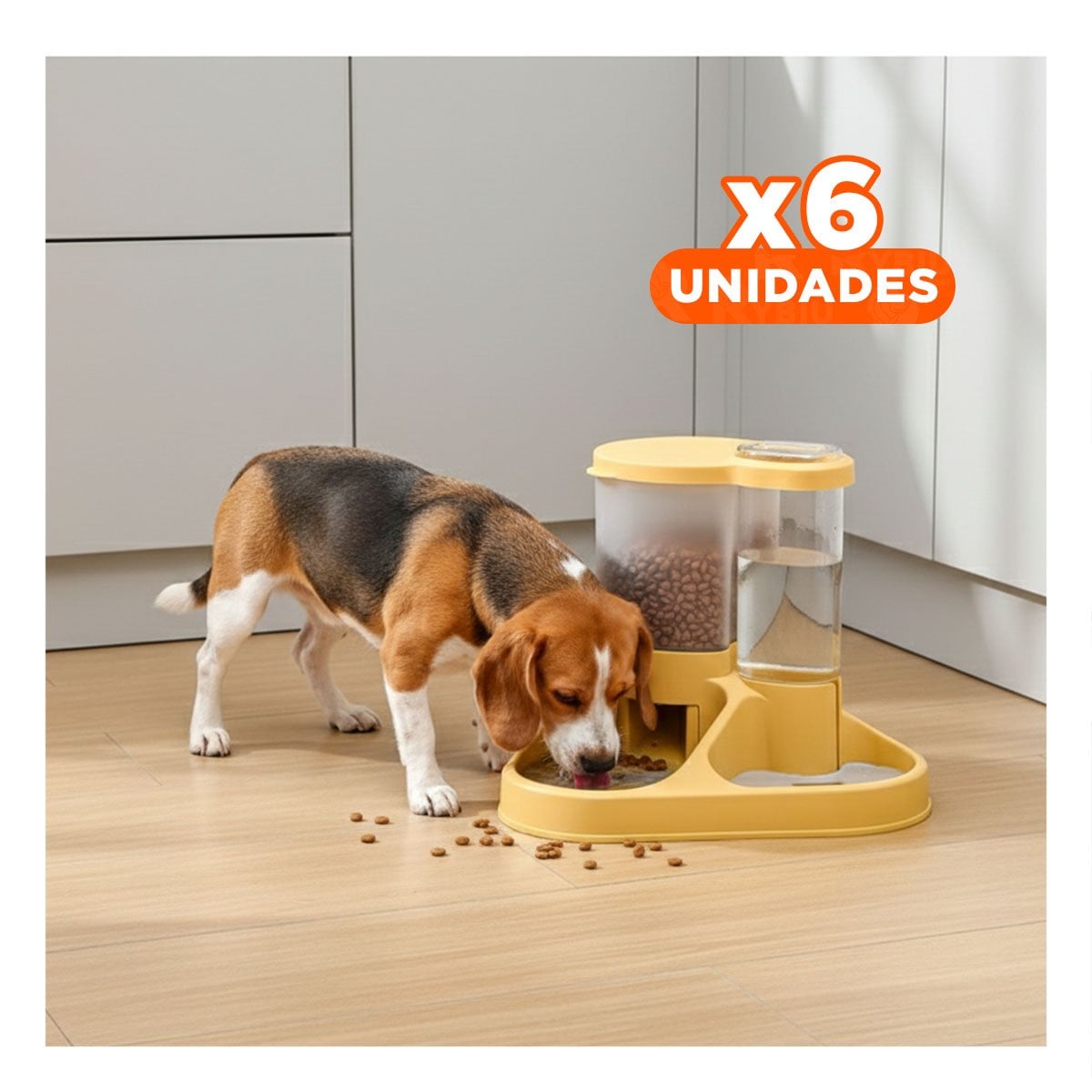 PACK6 CONTENEDOR INTEGRADO DE COMIDA Y AGUA PARA MASCOTA CON LLAVE AMARILLO Y+REGALO STICKER - 1