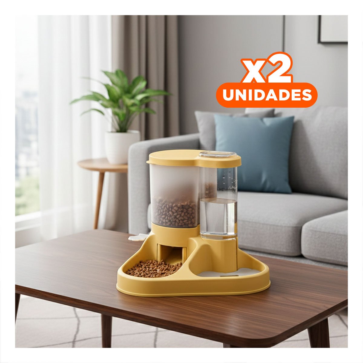 PACK2 EQUIPO INTEGRADO DE COMIDA Y AGUA PARA MASCOTA CON LLAVE AMARILLO SEGURO Y+REGALO STICKER - 1