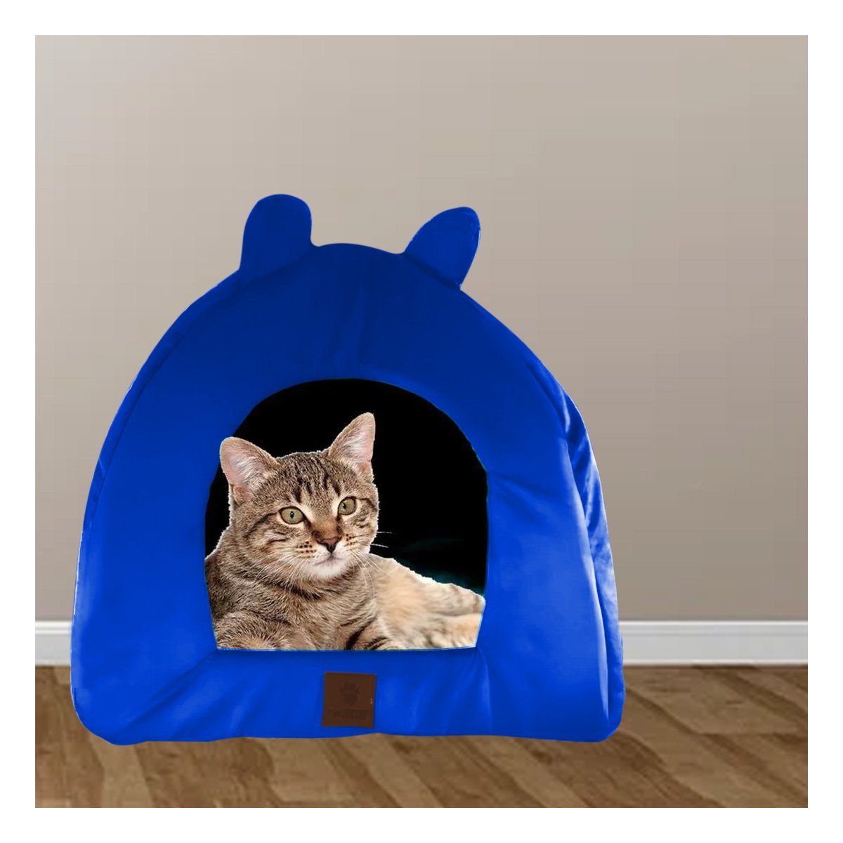 CAMA CERRADA TIPO IGLU PARA GATO TALLA L CON ESTAMPADO GATITOS AZUL ELECTRICO - 2