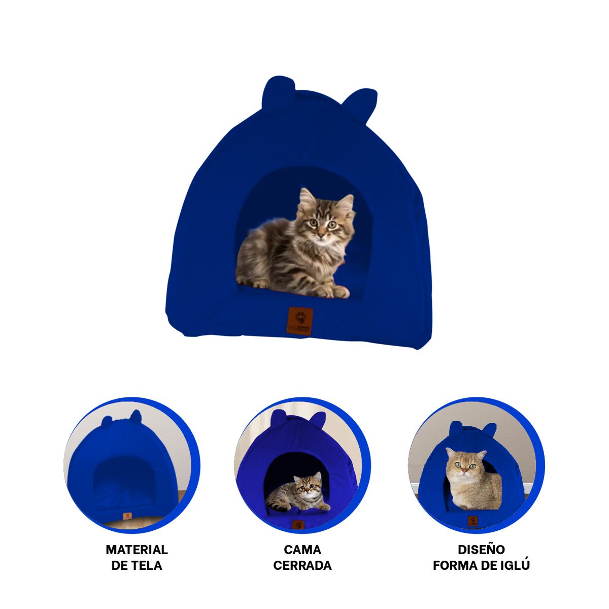 CAMA CERRADA TIPO IGLU PARA GATO TALLA L CON ESTAMPADO GATITOS AZUL ELECTRICO - 3