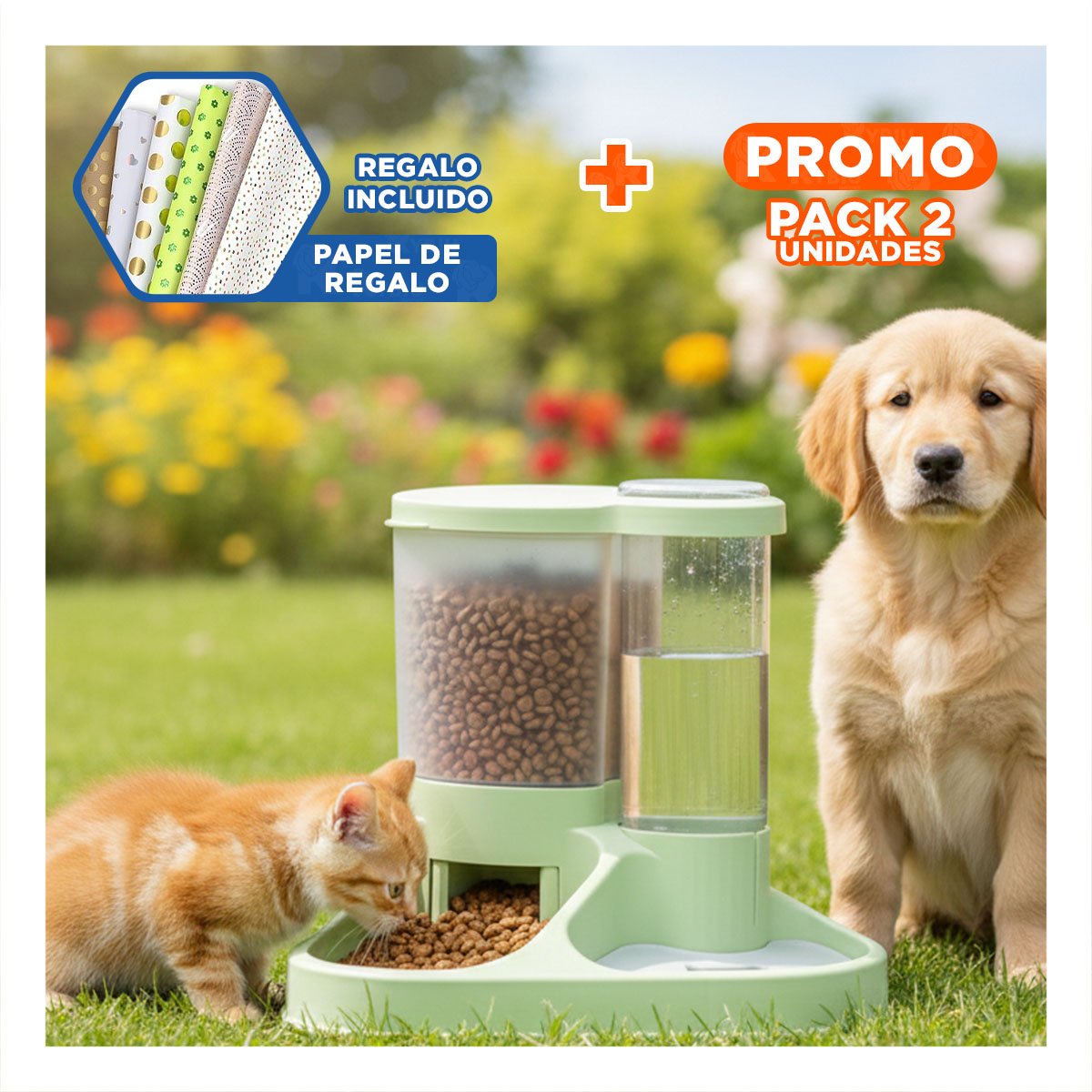 PACK2 SET INTEGRADO DE COMIDA Y AGUA PARA MASCOTA CON LLAVE Y+PAPEL REGALO - 1