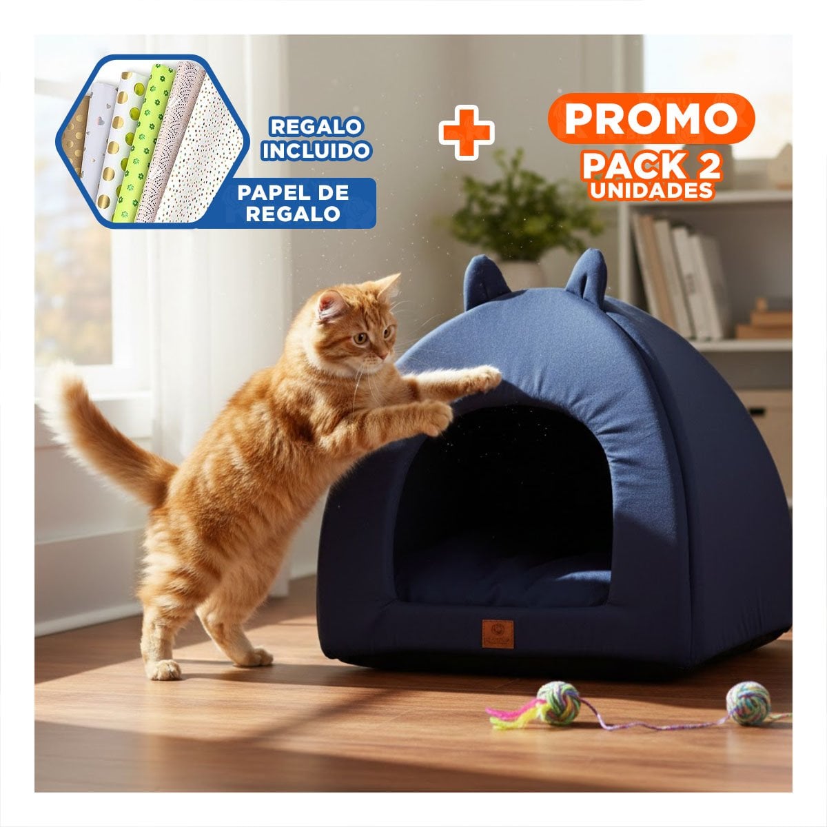 PACK2 CAMA REFUGIO TIPO IGLU PARA MASCOTA TALLA L AZUL MARINO Y+PAPEL REGALO - 1