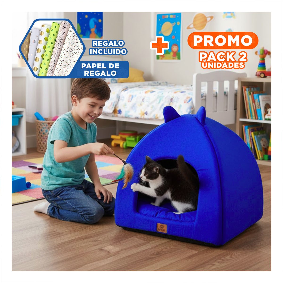 PACK2 COLCHON CONFORT PARA MASCOTA TALLA L ESTILO GATITOS AZUL ELECTRICO Y+PAPEL REGALO - 1