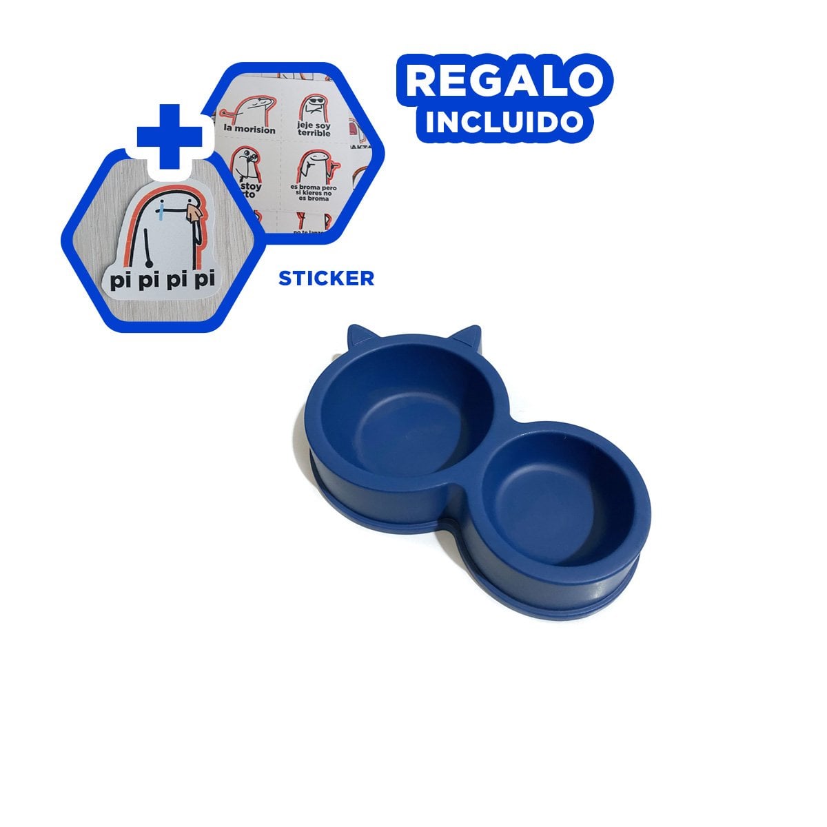 CONTENEDOR DOBLE CON OREJAS DE GATO PARA MASCOTA AZUL MARINO PRACTICO Y+REGALO STICKER - 1