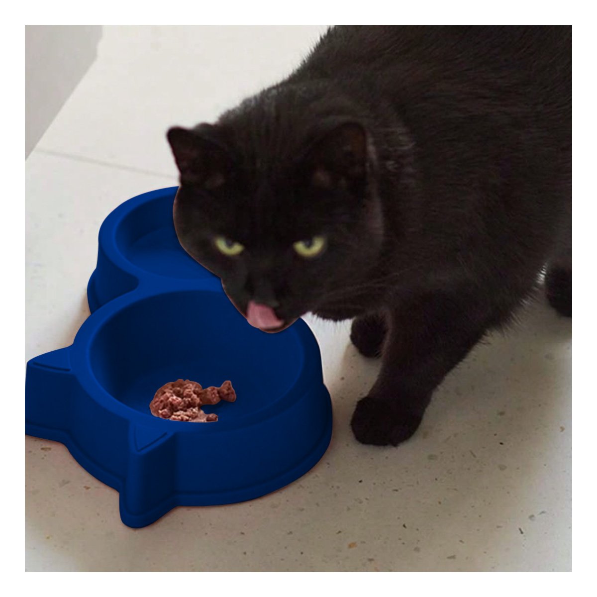 CONTENEDOR DOBLE CON OREJAS DE GATO PARA MASCOTA AZUL MARINO PRACTICO Y+REGALO STICKER - 2