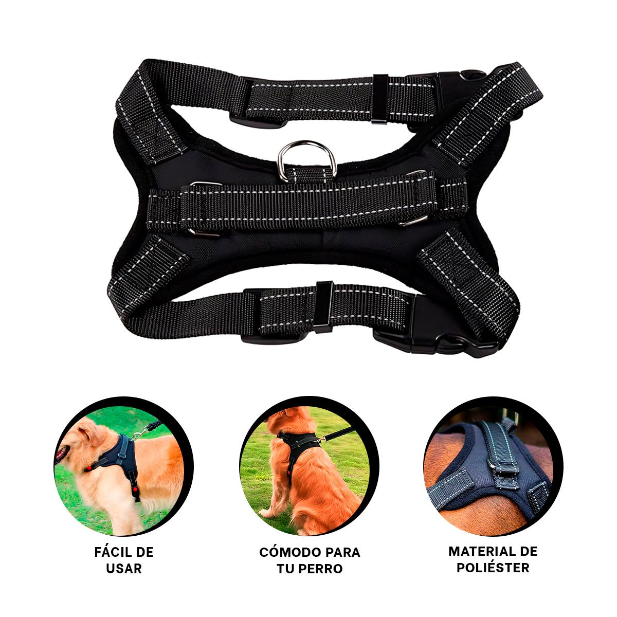 SISTEMA DE ARNES EN H PARA PERRO TALLA M CON AJUSTE FIRME NEGRO - 3