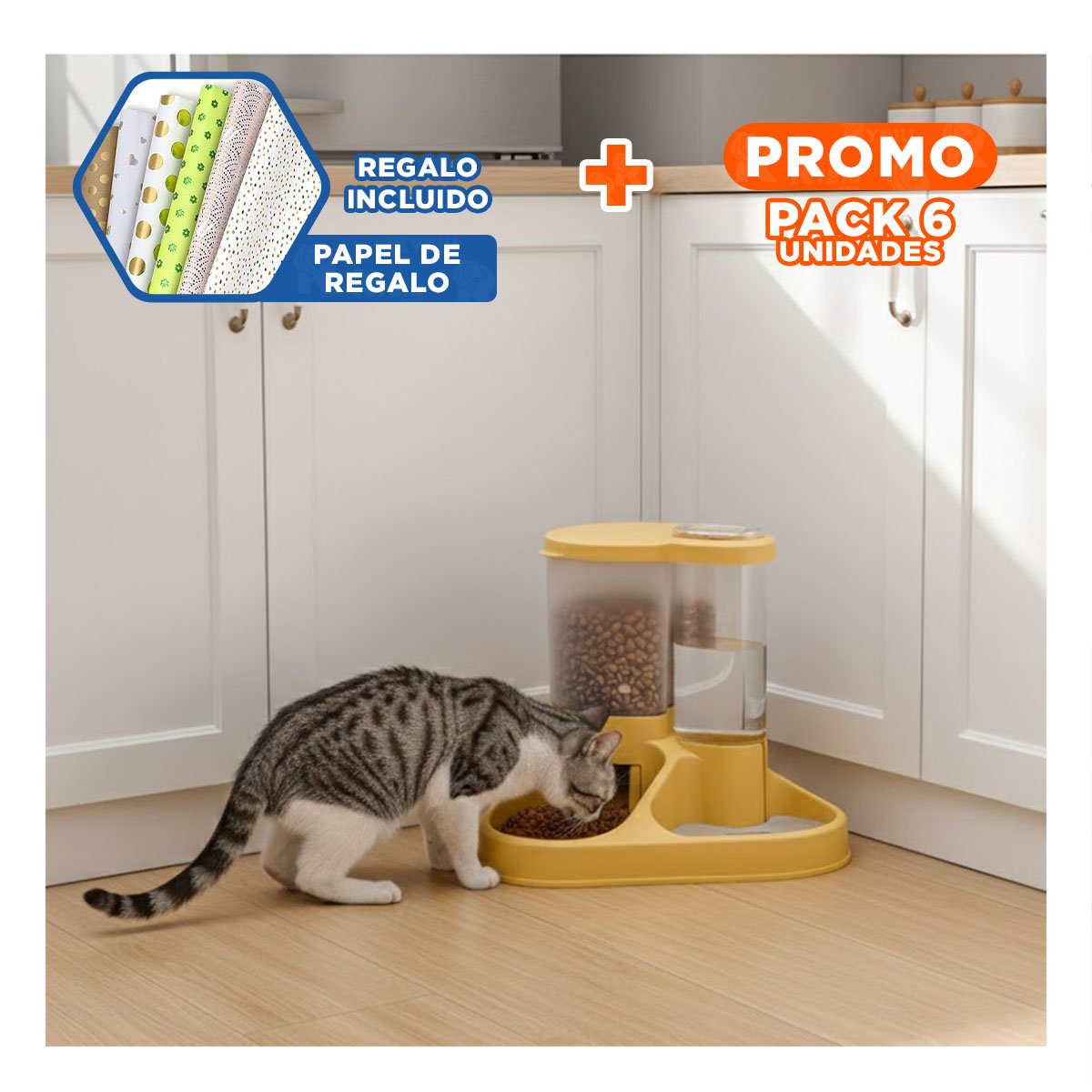 PACK6 PLATO INTEGRADO CON BEBEDERO PARA MASCOTA CON LLAVE AMARILLO SEGURO Y+PAPEL REGALO - 1