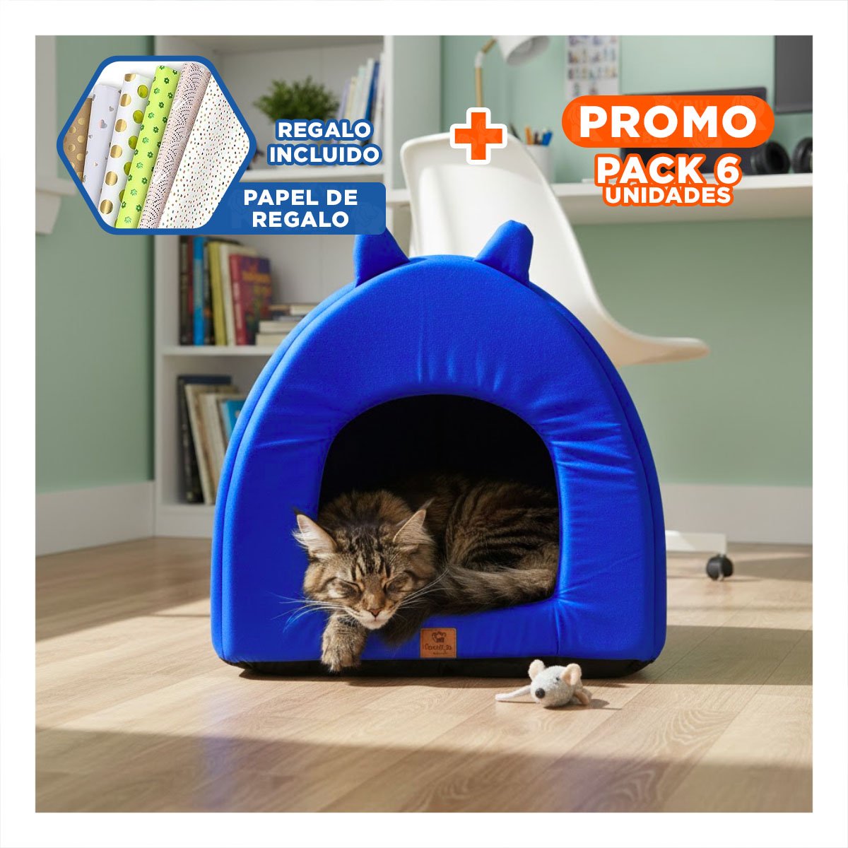 PACK6 DORMIDERO CALIDO CERRADO PARA MASCOTA TALLA L AZUL ELECTRICO Y+PAPEL REGALO - 1