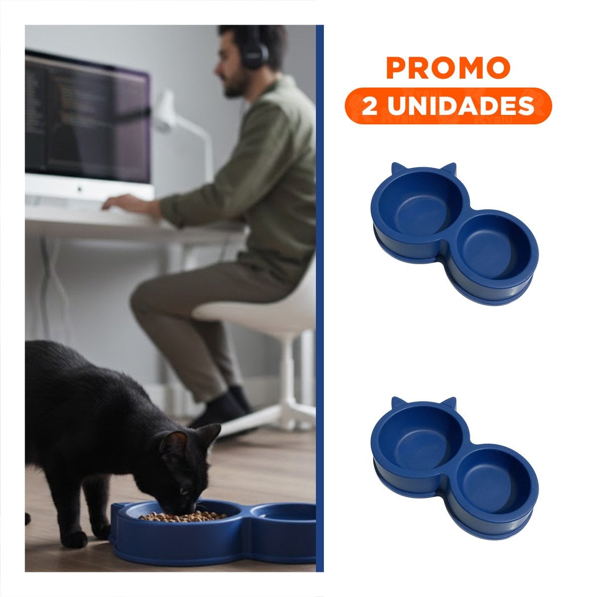 PACK2 ALIMENTADOR MASCOTA DOBLE CON OREJAS DE GATO AZUL MARINO COMODO - 1