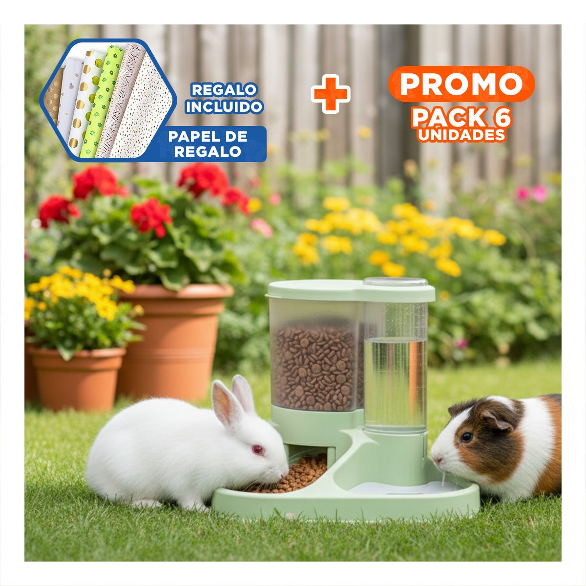 PACK6 SOPORTE INTEGRADO DE ALIMENTACION PARA MASCOTA CON LLAVE Y+PAPEL REGALO - 1