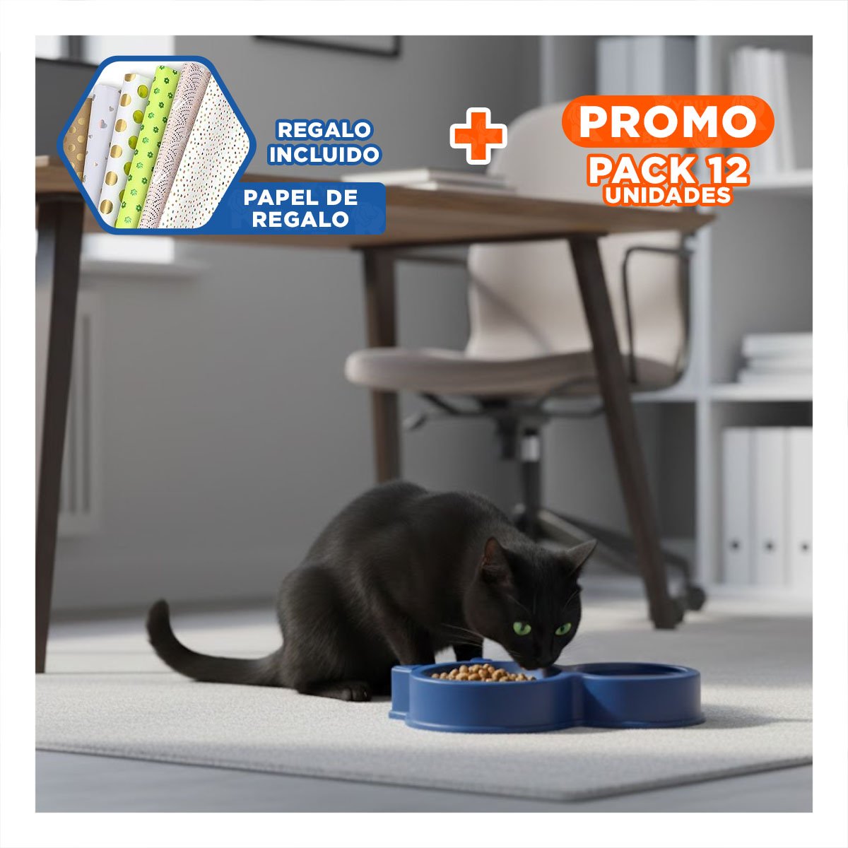 PACK12 DEPOSITO MASCOTA DOBLE CON OREJAS DE GATO AZUL MARINO DURABLE Y+PAPEL REGALO - 1