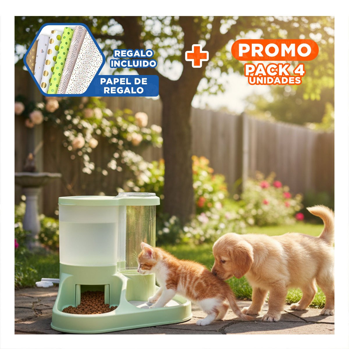 PACK4 PLATO INTEGRADO CON BEBEDERO PARA MASCOTA CON LLAVE Y+PAPEL REGALO - 1