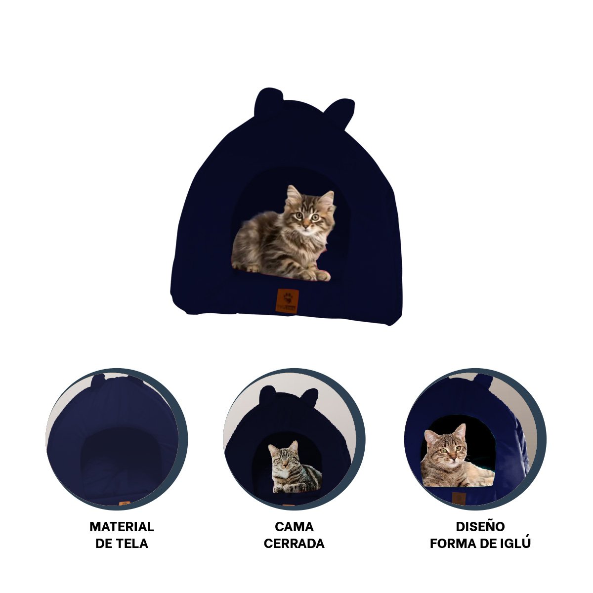 CAMA CERRADA TIPO IGLU PARA GATO TALLA L CON ESTAMPADO GATITOS AZUL MARINO - 3