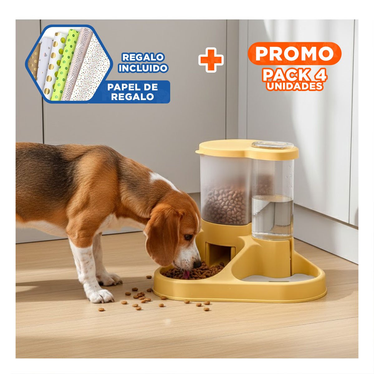 PACK4 SET INTEGRADO DE COMIDA Y AGUA PARA MASCOTA CON LLAVE AMARILLO DURABLE Y+PAPEL REGALO - 1