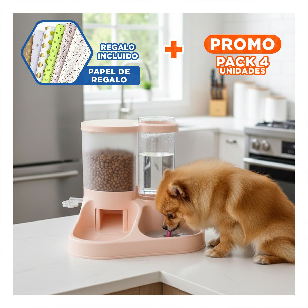 PACK4 PLATO INTEGRADO CON BEBEDERO PARA MASCOTA CON LLAVE ROSADO CLARO Y+PAPEL REGALO - 1