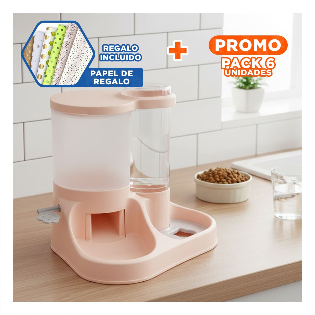 PACK6 SOPORTE INTEGRADO DE ALIMENTACION PARA MASCOTA CON LLAVE ROSADO CLARO Y+PAPEL REGALO - 1