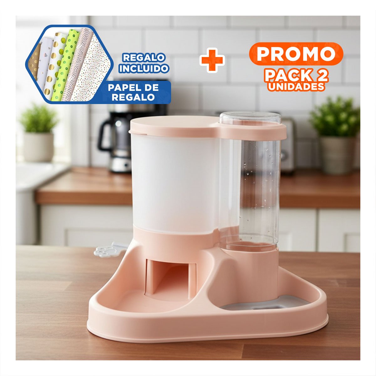 PACK2 SET INTEGRADO DE COMIDA Y AGUA PARA MASCOTA CON LLAVE ROSADO CLARO Y+PAPEL REGALO - 1