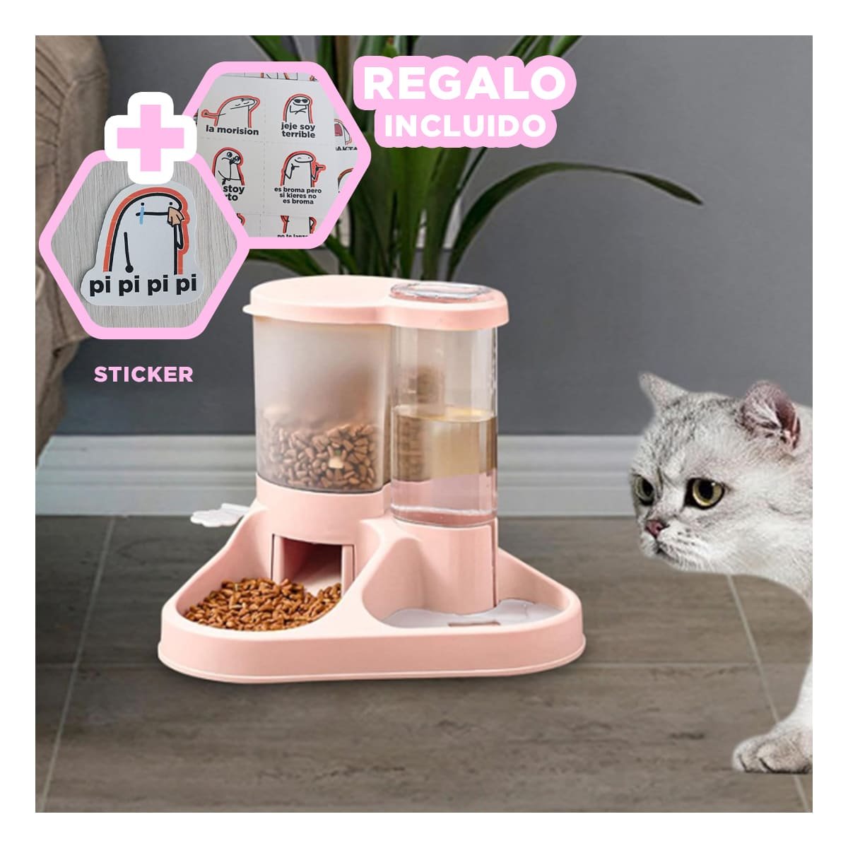 BASE DE ALIMENTACION Y BEBIDA PARA MASCOTA CON LLAVE ROSADO CLARO DURABLE Y+REGALO STICKER - 1