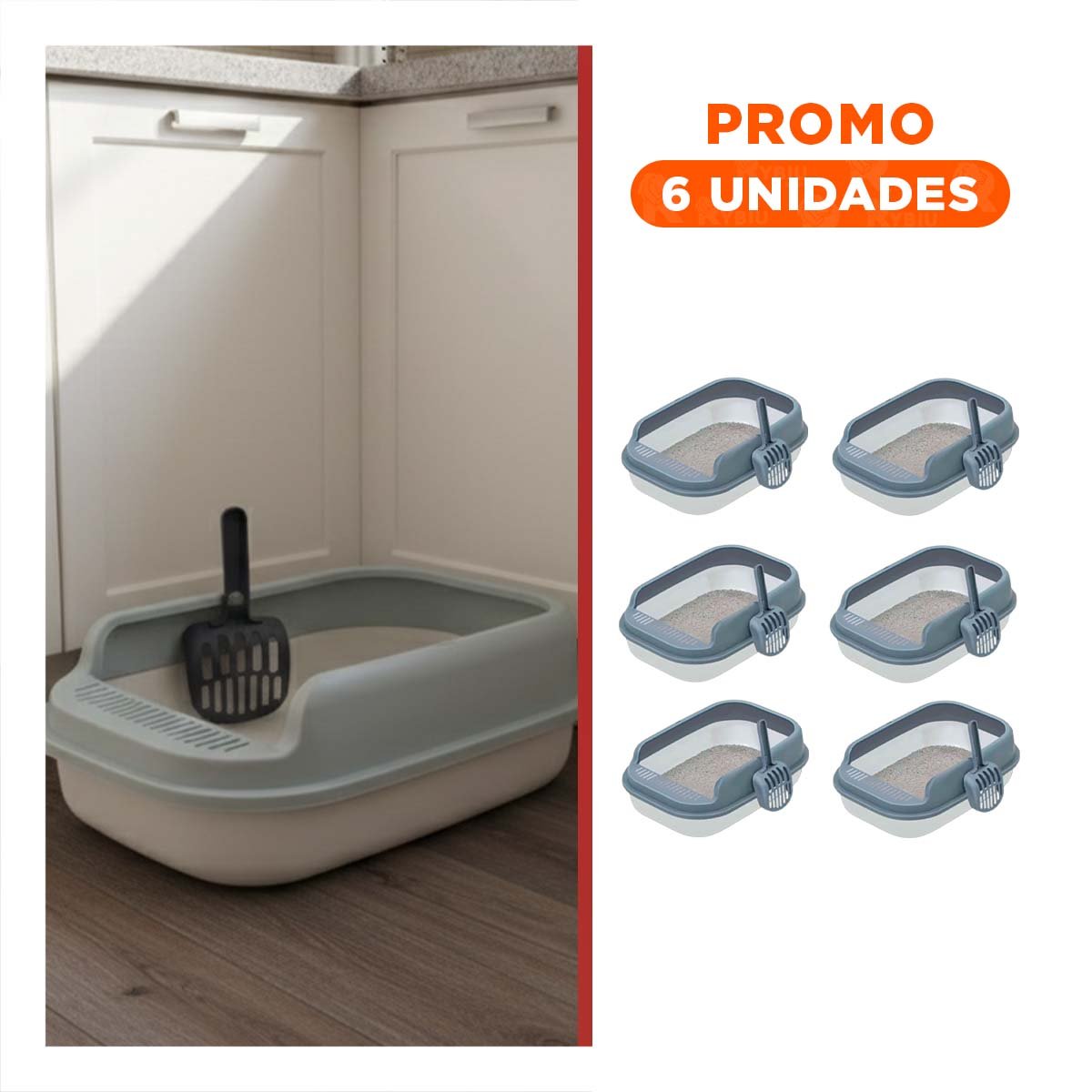 PACK6 CUBETA SANITARIA PARA GATO BASE ESTABLE 51X36,5CM BLANCO Y PLOMO - 1
