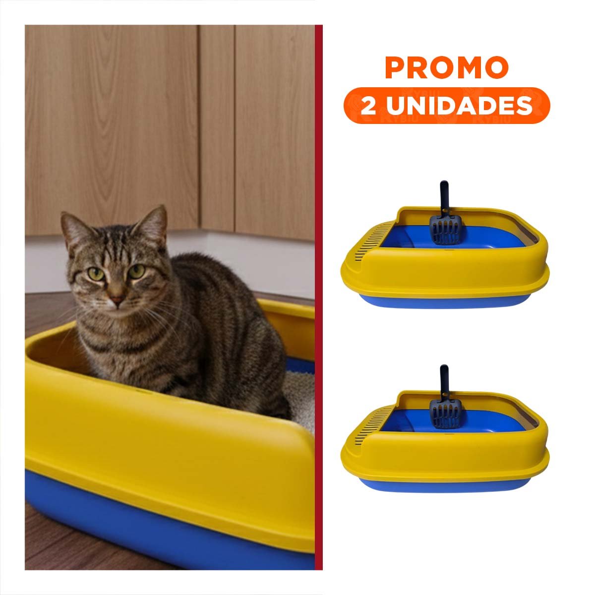 PACK2 BATEA DE ARENA ABIERTA CON PALA CERNIDORA 51X36,5CM AZUL Y AMARILLO - 1